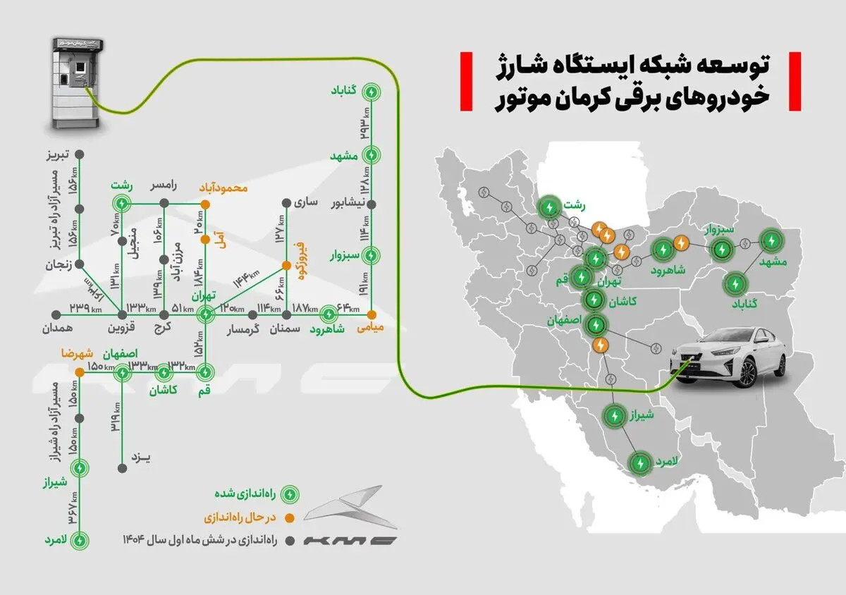 توسعه سراسری ایجاد ایستگاه‌های شارژ خودروهای برقی کرمان‌موتور