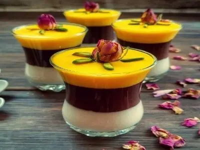 طرز تهیه دسر مشکوفی زعفرانی سه رنگ 