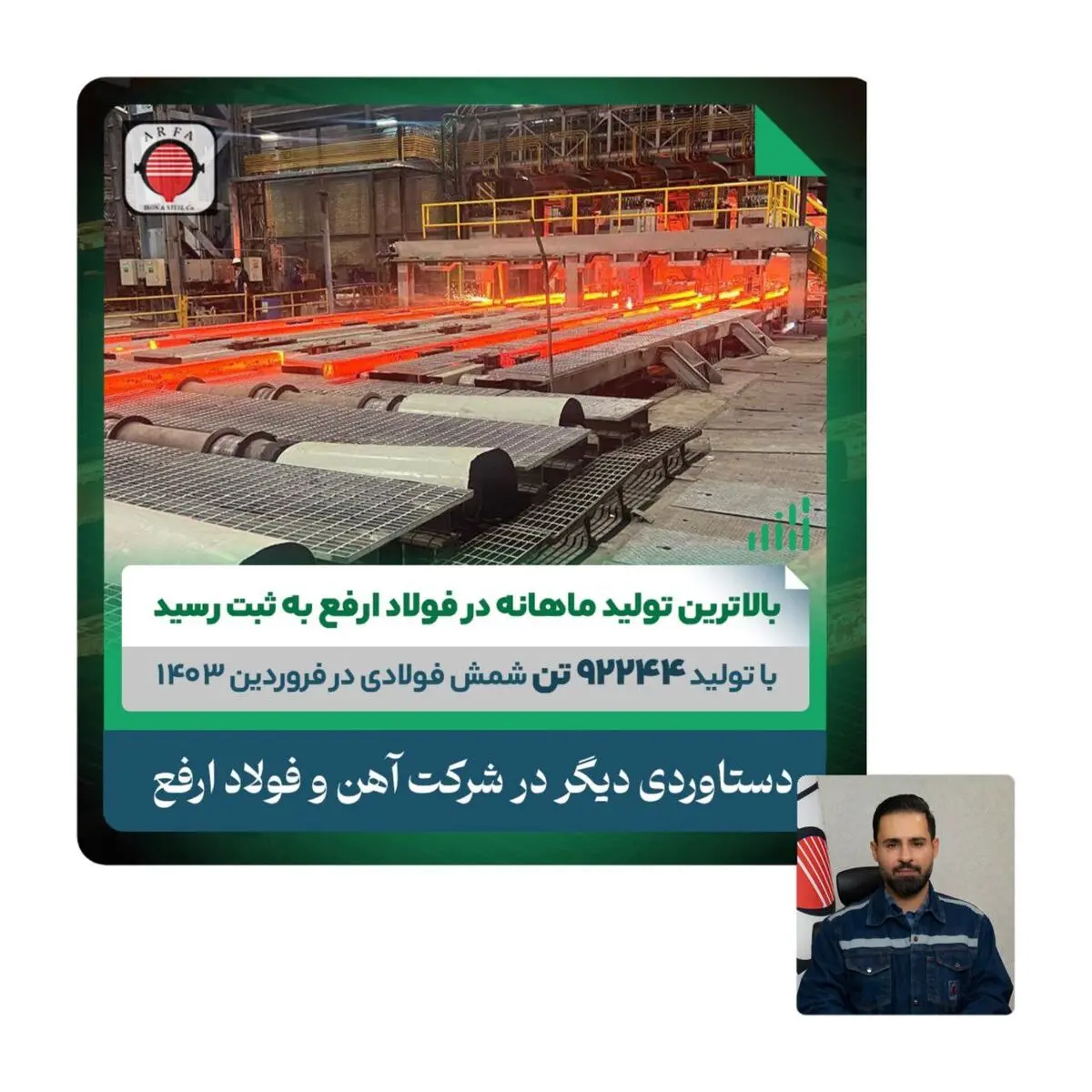 ثبت بالاترین تولید ماهانه در فولاد ارفع/تولید ۹۲۲۴۴ تن شمش فولادی در فروردین ماه ۱۴۰۳

