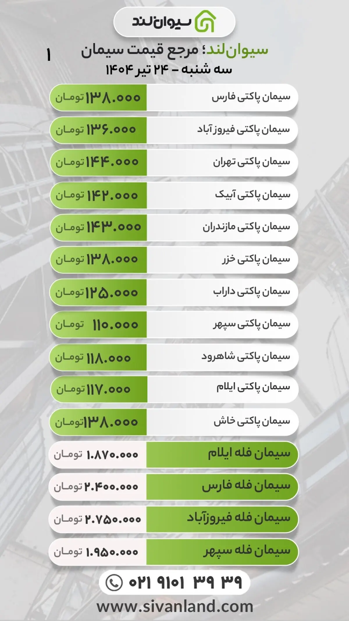 قیمت سیمان امروز سه‌شنبه ۲۴ تیرماه 