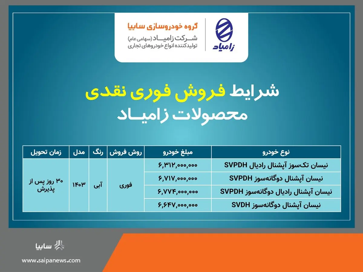 فروش فوری نقدی محصولات شرکت زامیاد + بخشنامه