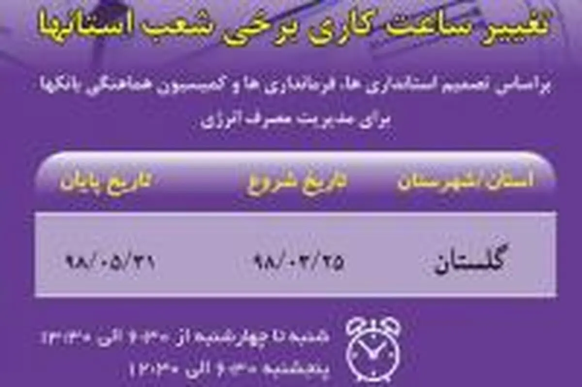 ساعت کار شعب استان گلستان بانک ایران‌زمین تغییر یافت 