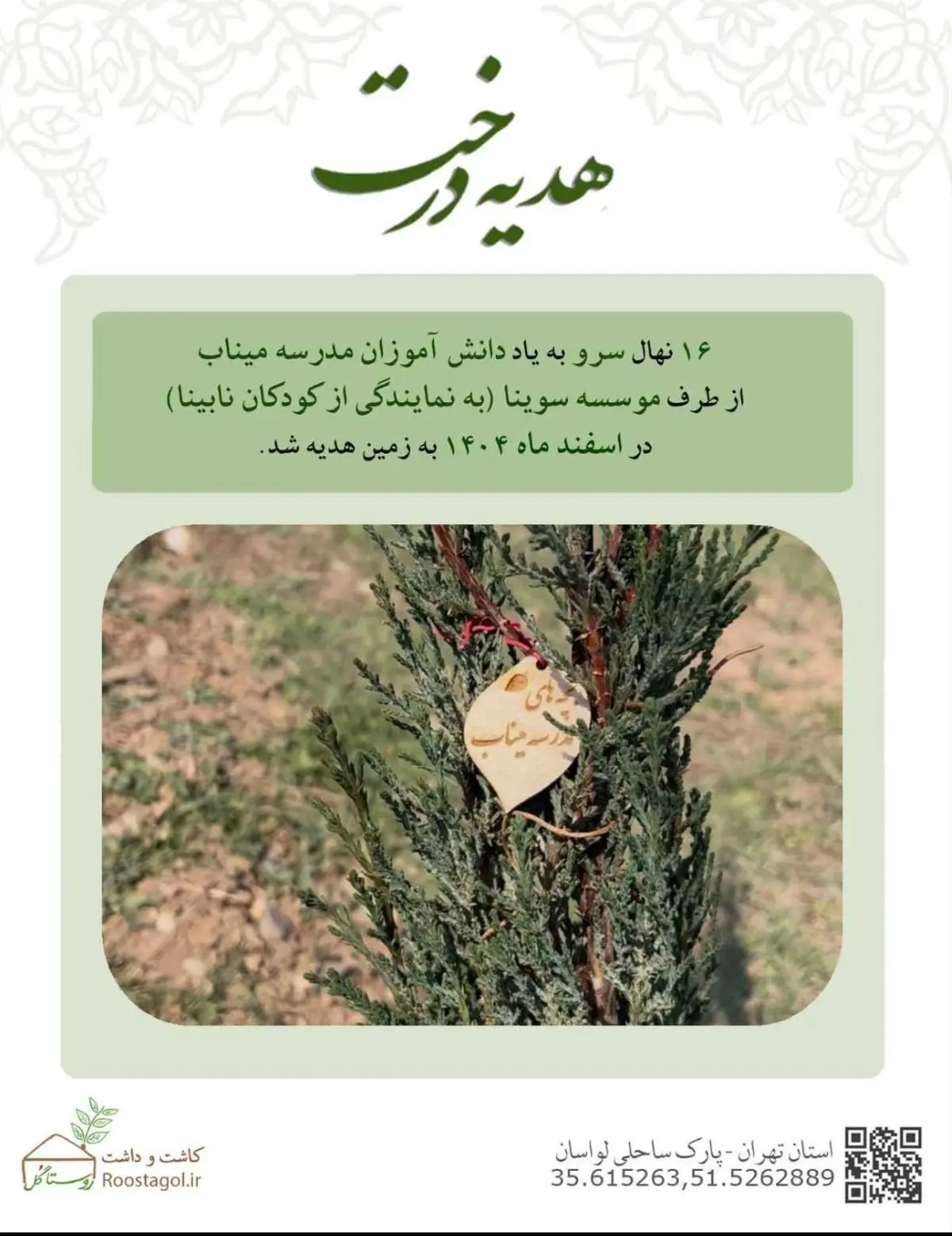 کاشت درخت به یاد بچه‌های مدرسه شهر میناب توسط سوینا