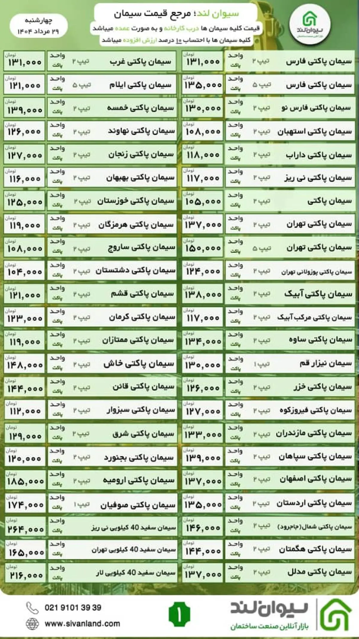 قیمت سیمان امروز چهارشنبه 29 مرداد
