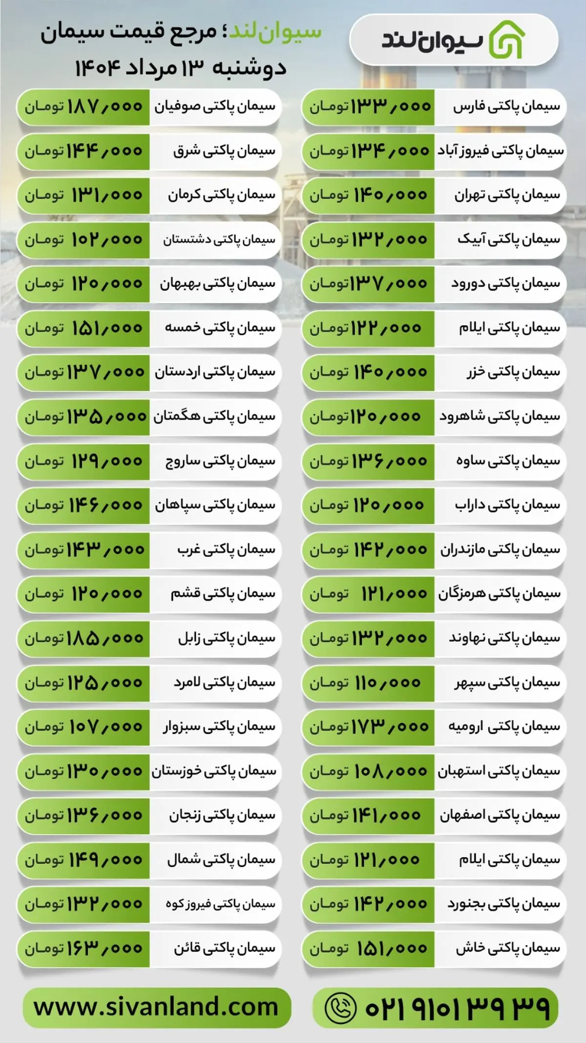 قیمت سیمان امروز دوشنبه 13 مرداد